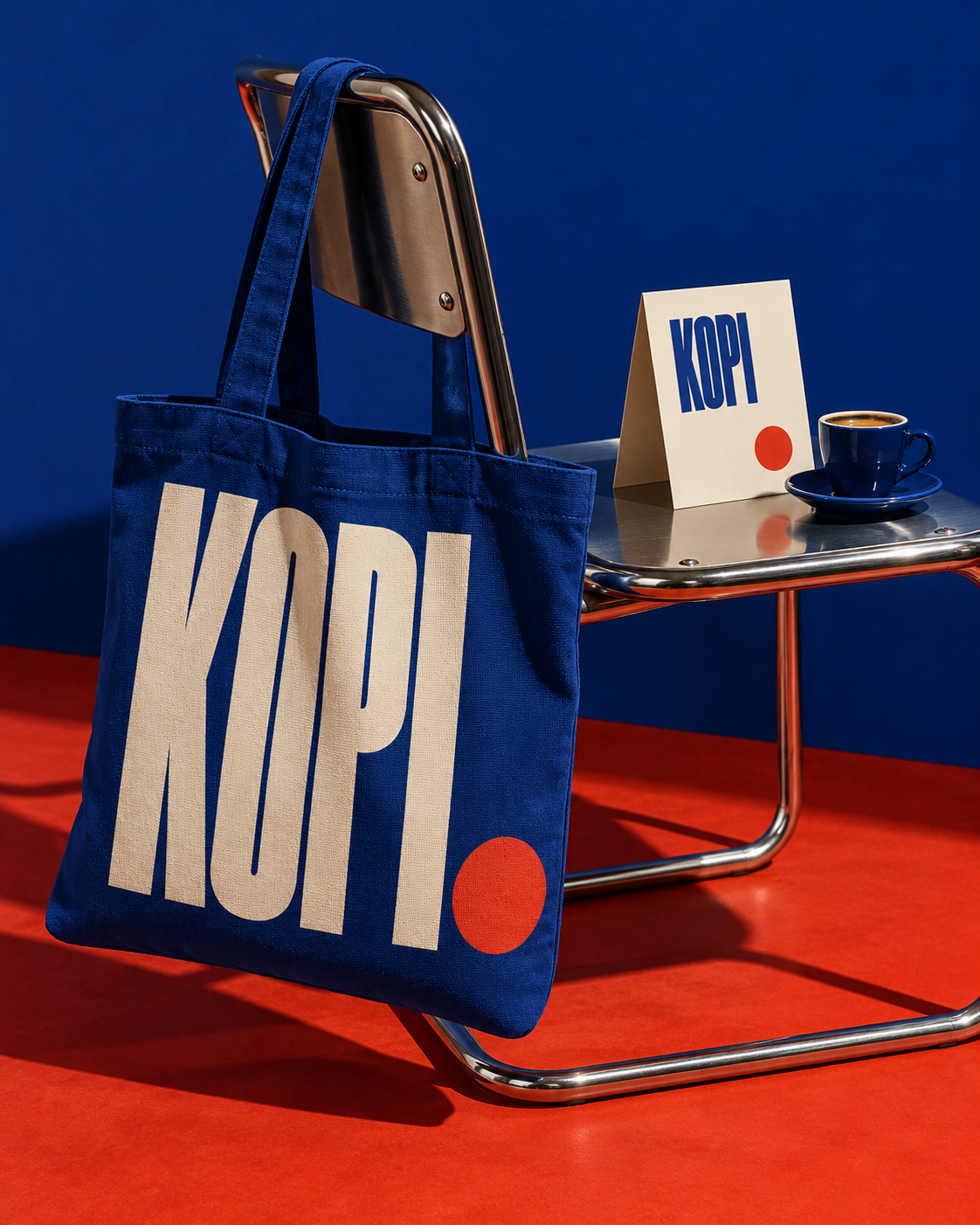 Синя сумка KOPI з кремовою типографікою та червоною графікою
