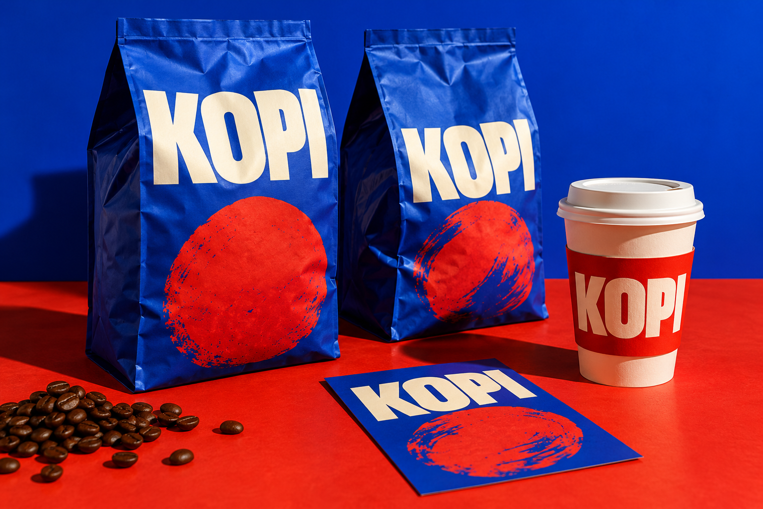 Синя упаковка кави KOPI на червоному тлі