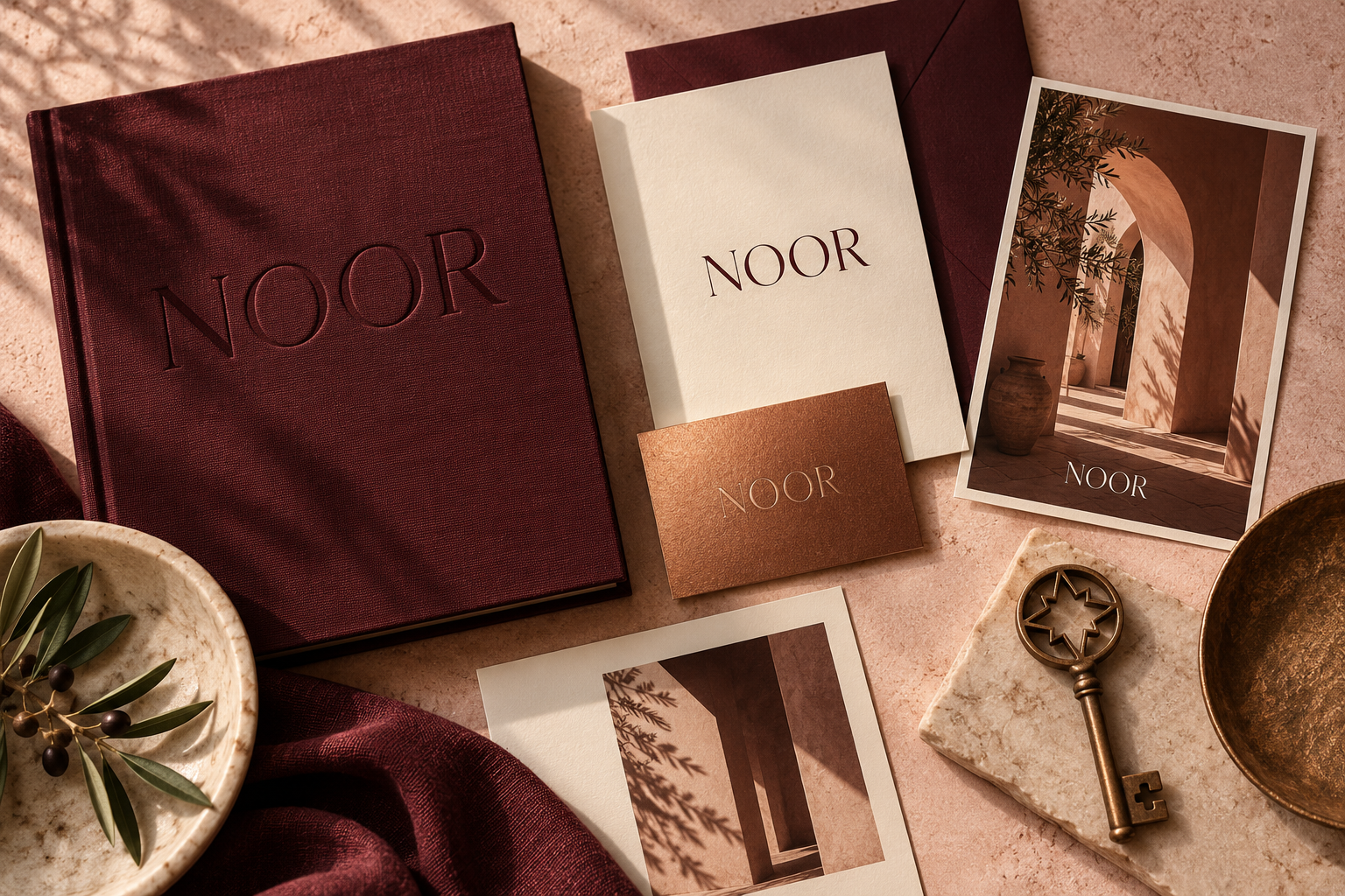 Поліграфія та книга NOOR у бордовій і рожевій палітрі